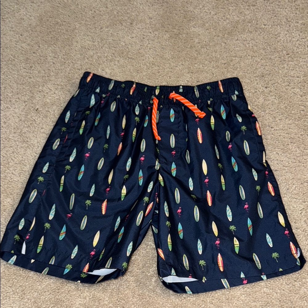 Kids Navy Surfboard Print Swim Trunks